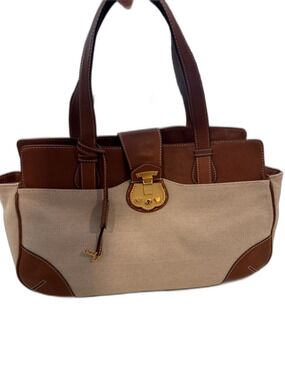 Talbots Canvas & Leather Tote Bag w/ Gold Metallic Hardware Closure